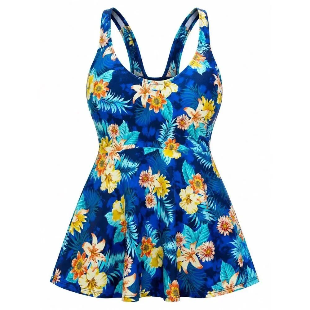 Shore Shapes Blue Floral Swim Dress One Piece Swimsuit Size 8